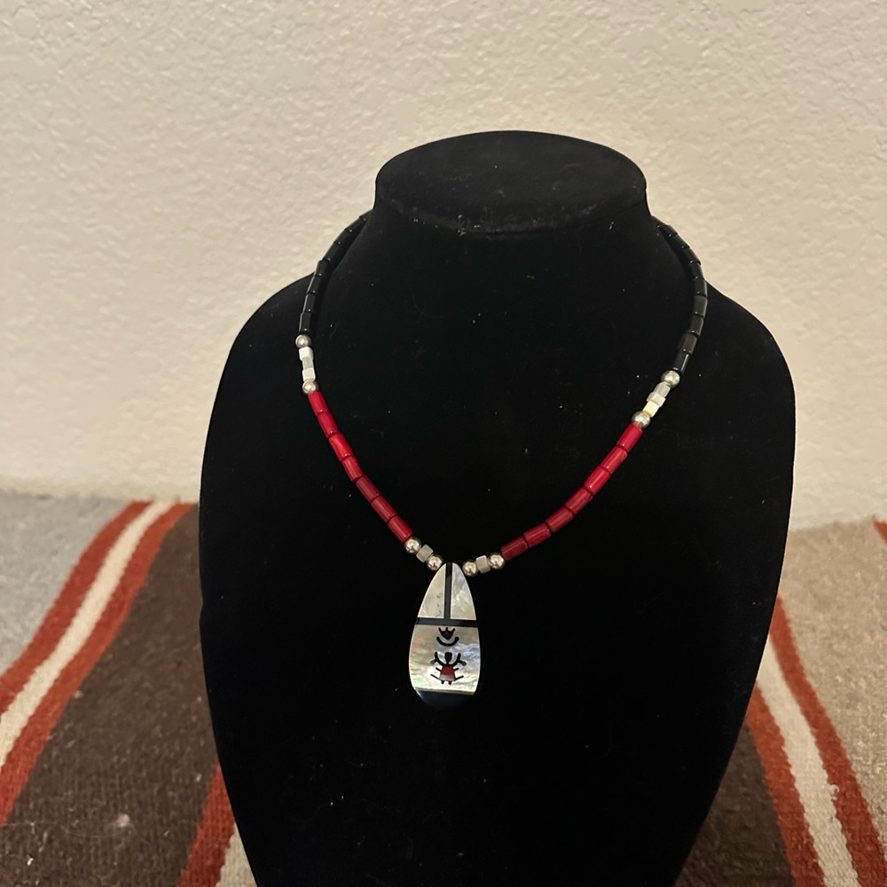 Hand Crafted Black & Red Coral, Sterling Silver & Vintage Zuni Pendant Necklace